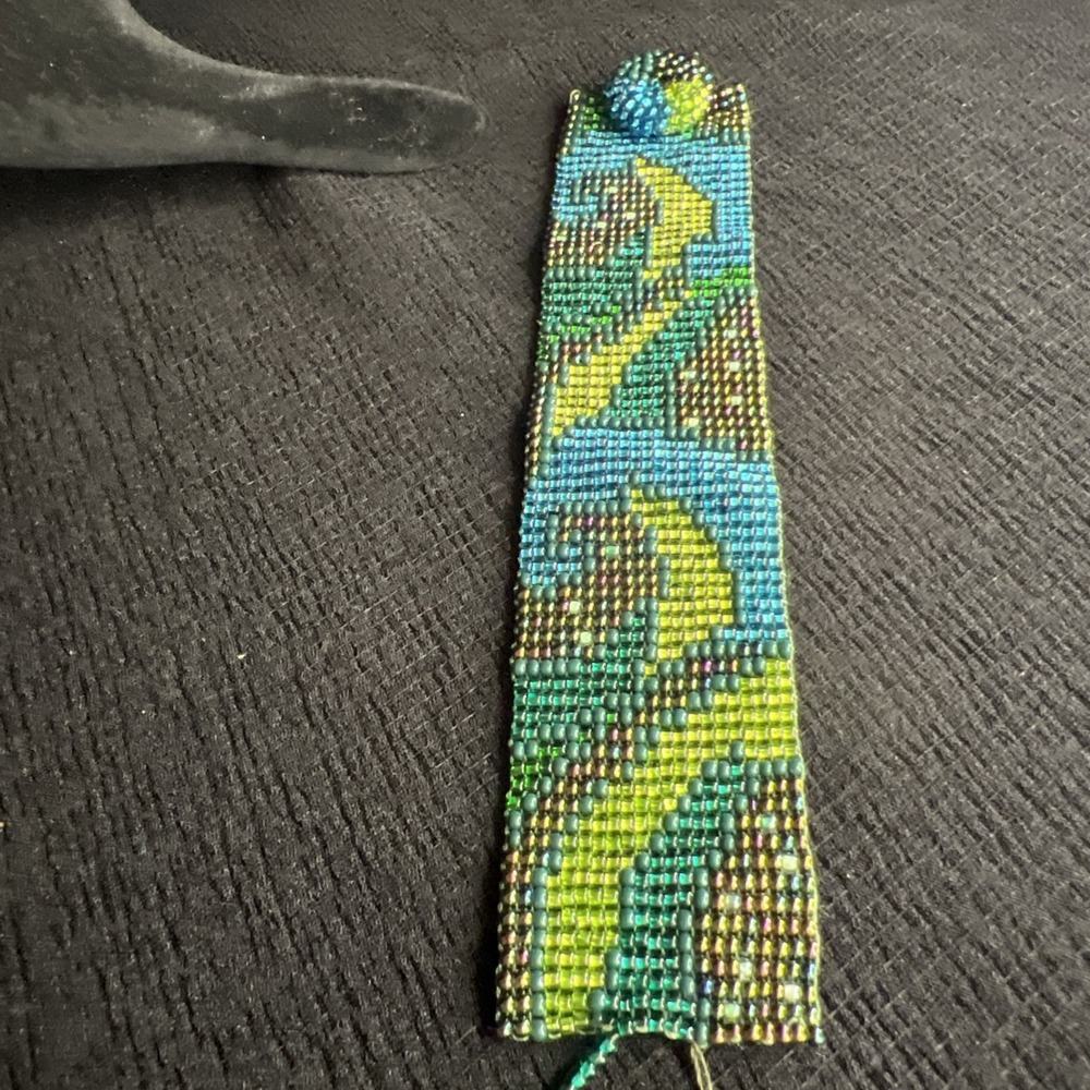Vintage Hand Beaded Loom Bracelet Cuff Turquoise Green Geometric Seed Beads